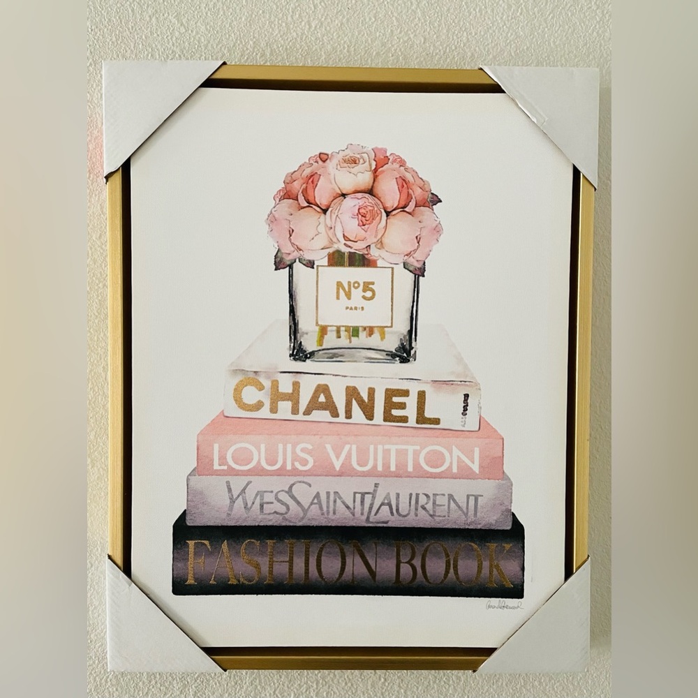 Stupell Industries Fashion Book-stack Pink Peonies Gold Framed Art Canvas